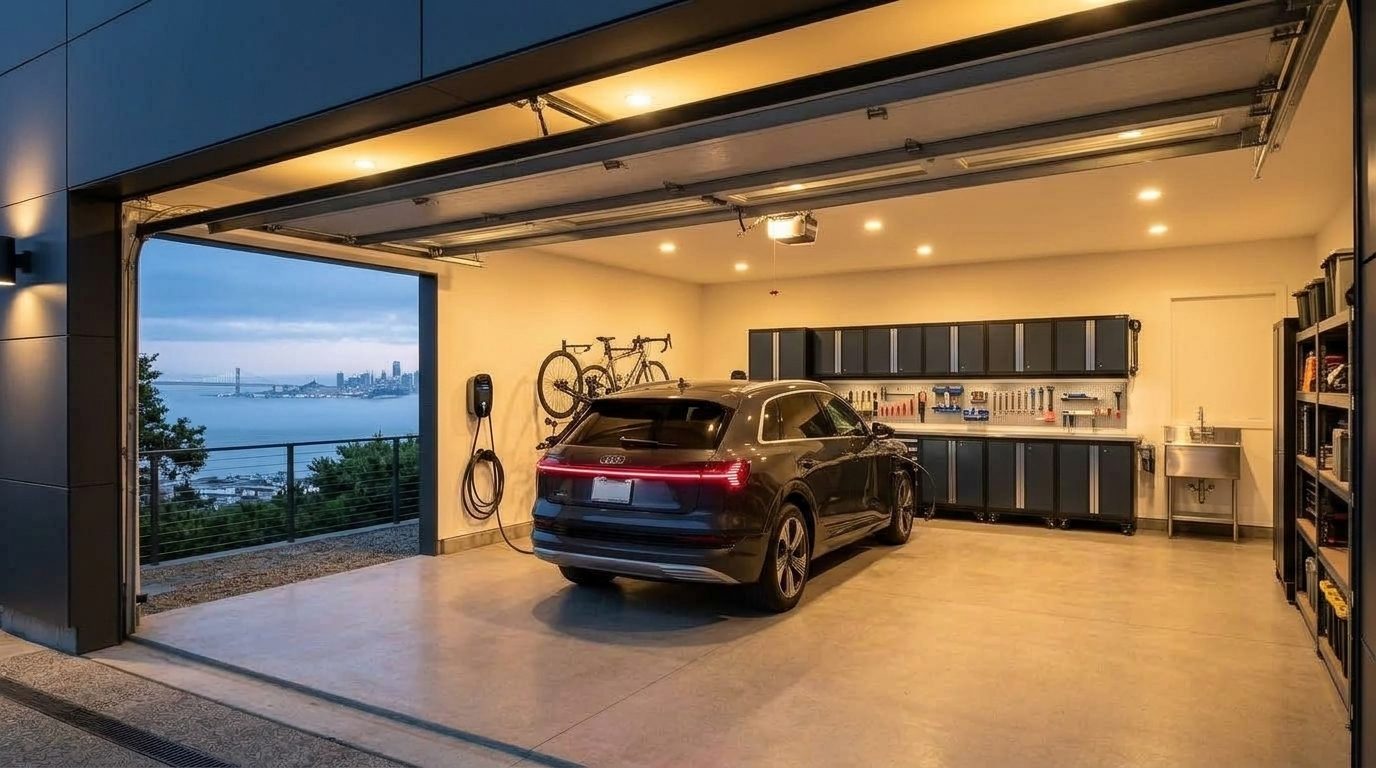 Fletcher Garage Door Services Interior View of Custom Garage Door Overhead and Workshop